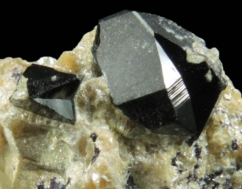 Cassiterite (twinned crystals) on Talc with minor Fluorite from Ehrenfriedersdorf, Erzgebirge, Sachsen, Germany