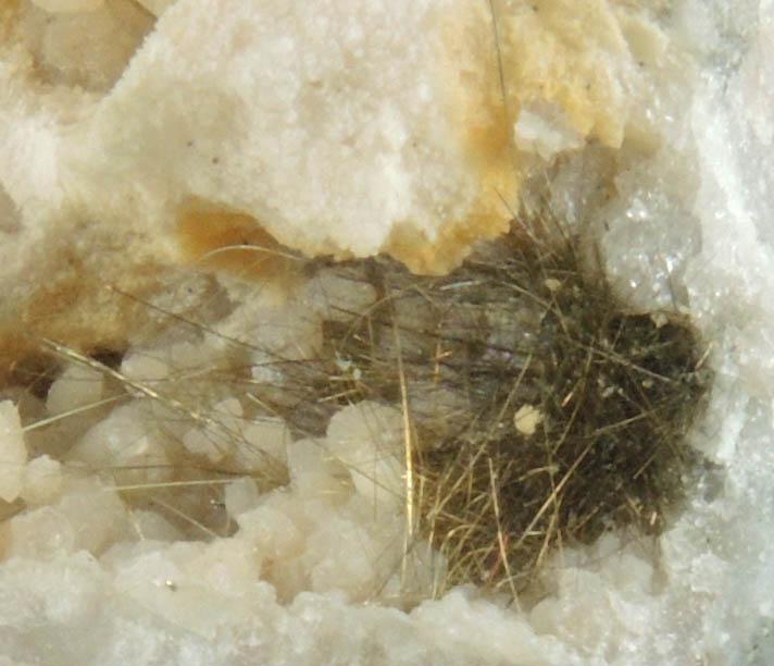 Millerite in Quartz Geode from US Route 27 road cut, Halls Gap, Lincoln County, Kentucky