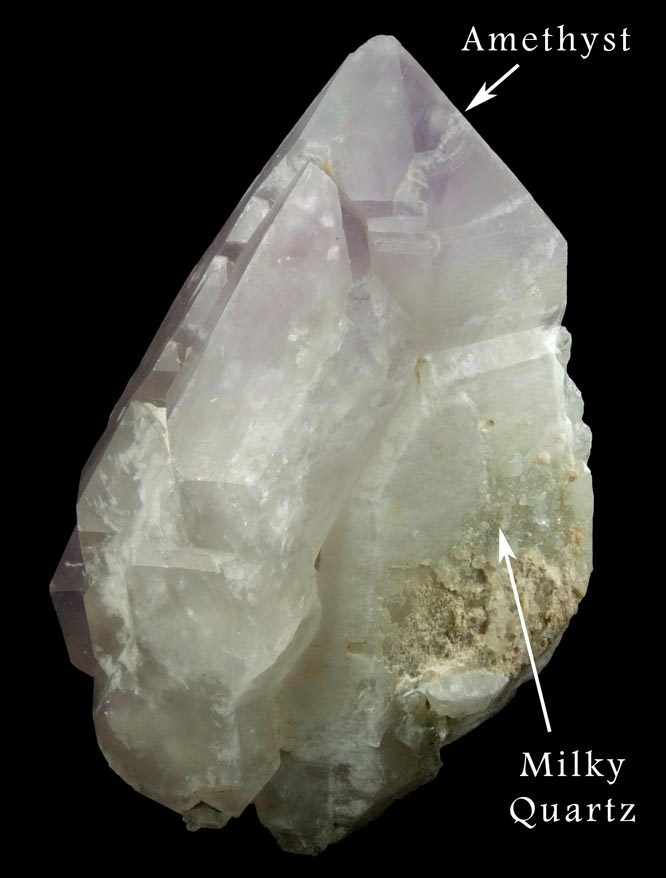 Quartz var. Amethyst over Milky Quartz from Deer Hill, Stow, Oxford County, Maine