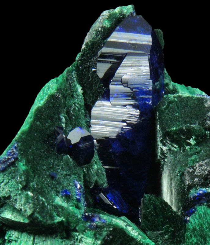 Malachite pseudomorphs after Azurite with second generation of Azurite from Milpillas Mine, Cuitaca, Sonora, Mexico