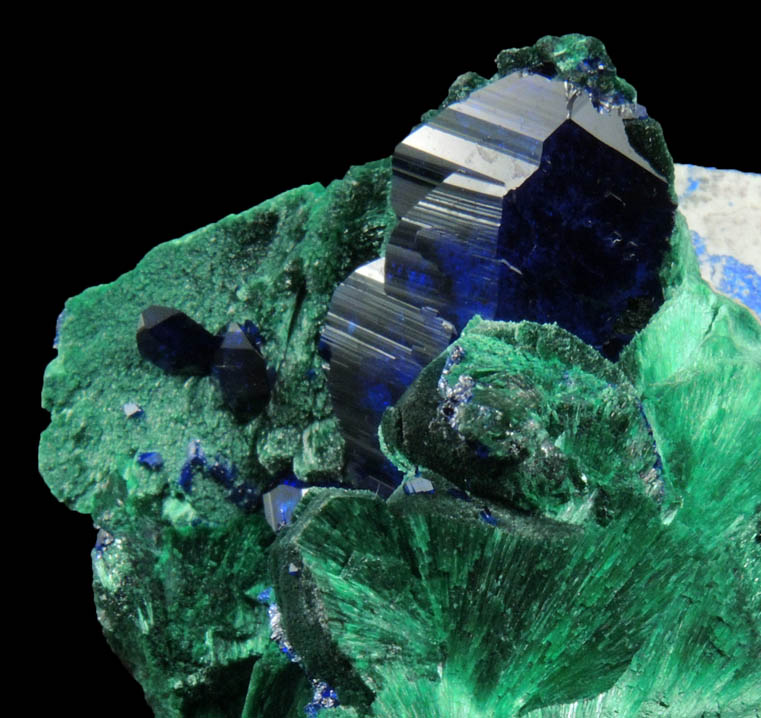 Malachite pseudomorphs after Azurite with second generation of Azurite from Milpillas Mine, Cuitaca, Sonora, Mexico