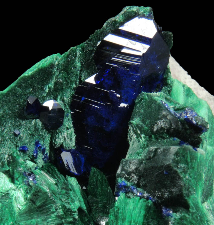 Malachite pseudomorphs after Azurite with second generation of Azurite from Milpillas Mine, Cuitaca, Sonora, Mexico