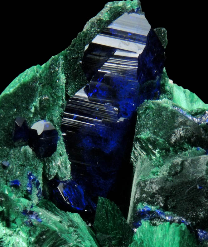 Malachite pseudomorphs after Azurite with second generation of Azurite from Milpillas Mine, Cuitaca, Sonora, Mexico