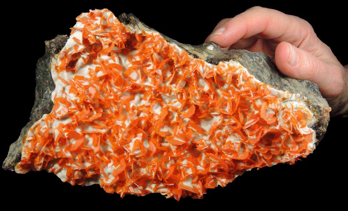 Wulfenite with Calcite from Jianshan Mine, Kuruktag Mountains, 300 km southeast of rmqi, Shanshan County, Xinjiang Uygur Region, China