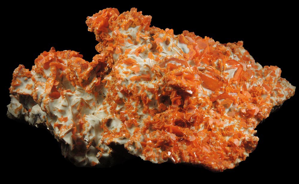 Wulfenite on Wulfenite with Calcite from Jianshan Mine, Kuruktag Mountains, 300 km southeast of rmqi, Shanshan County, Xinjiang Uygur Region, China