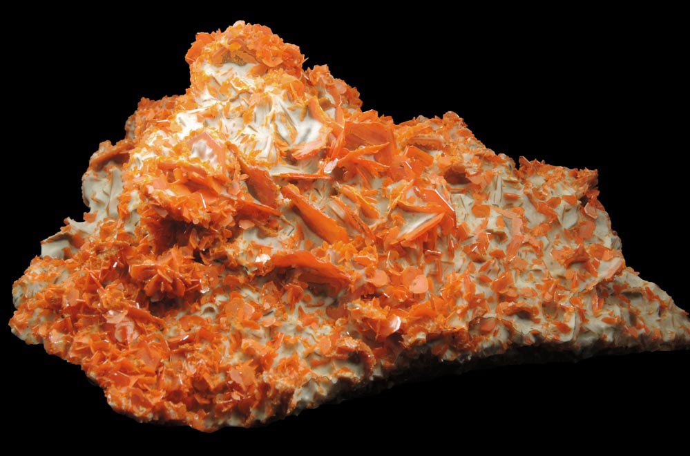 Wulfenite on Wulfenite with Calcite from Jianshan Mine, Kuruktag Mountains, 300 km southeast of rmqi, Shanshan County, Xinjiang Uygur Region, China