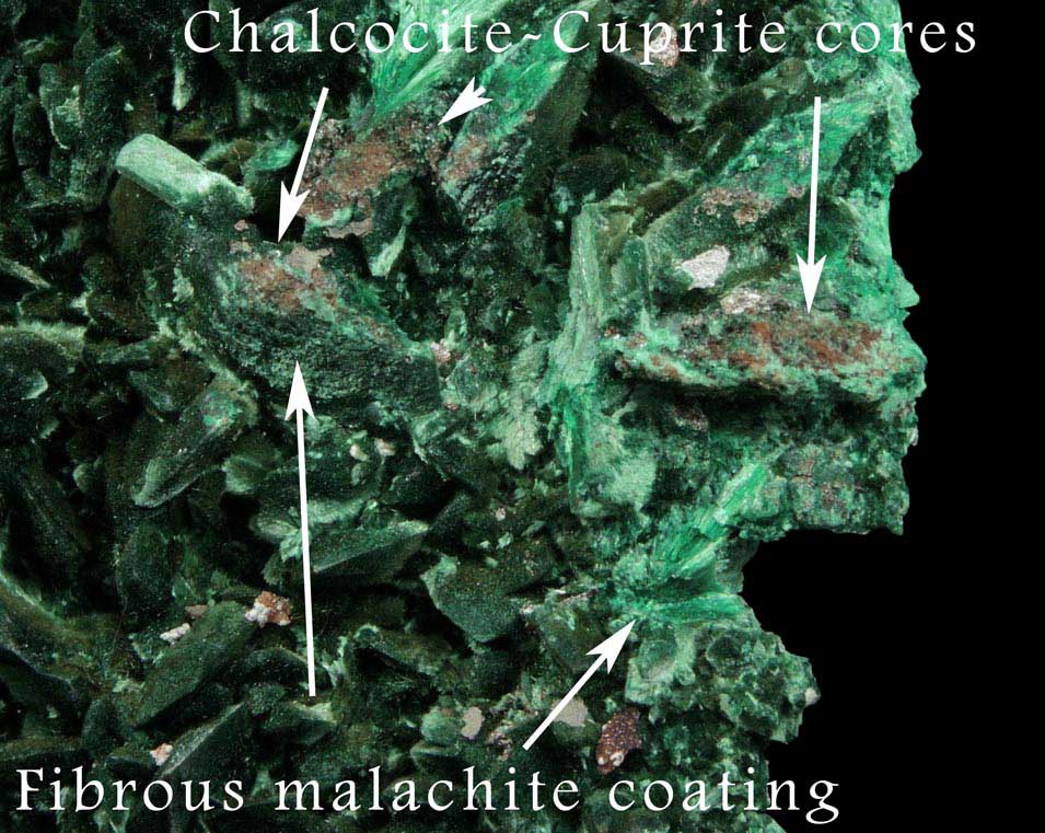Chalcocite-Cuprite pseudomorphs after Azurite coated with Malachite from Milpillas Mine, Cuitaca, Sonora, Mexico
