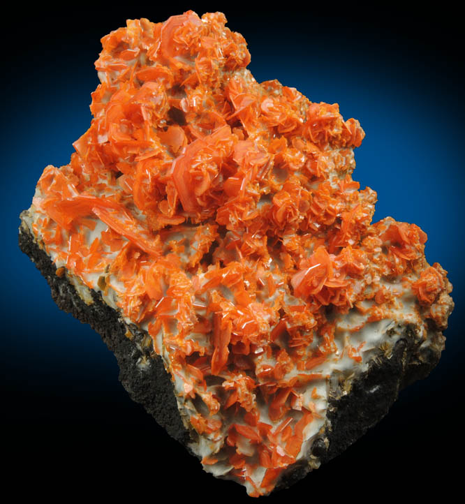 Wulfenite over Calcite from Jianshan Mine, Kuruktag Mountains, 300 km southeast of rmqi, Shanshan County, Xinjiang Uygur Region, China