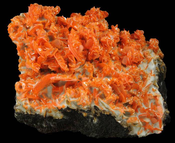 Wulfenite over Calcite from Jianshan Mine, Kuruktag Mountains, 300 km southeast of rmqi, Shanshan County, Xinjiang Uygur Region, China