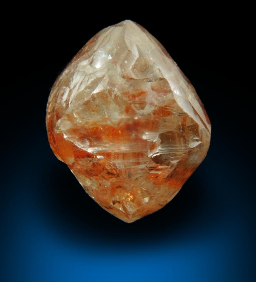 Diamond (8.63 carat red-orange octahedral uncut diamond) from Mirny, Sakha Republic, Siberia, Russia