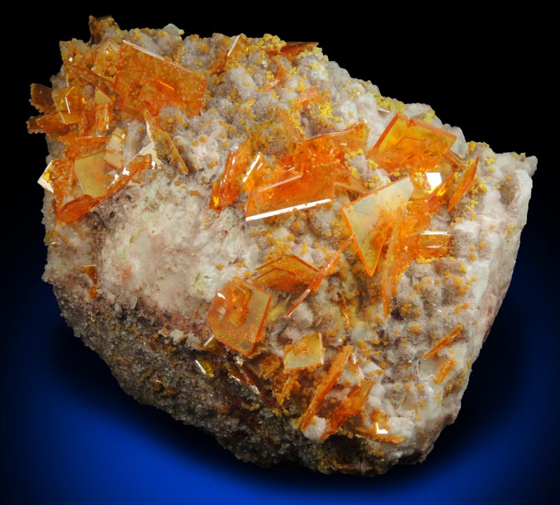 Wulfenite and Mimetite on Barite from Rowley Mine, 20 km northwest of Theba, Painted Rock Mountains, Maricopa County, Arizona