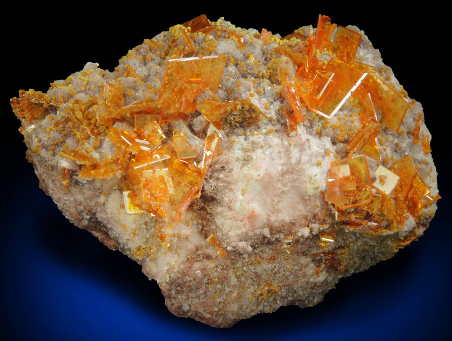 Wulfenite and Mimetite on Barite from Rowley Mine, 20 km northwest of Theba, Painted Rock Mountains, Maricopa County, Arizona