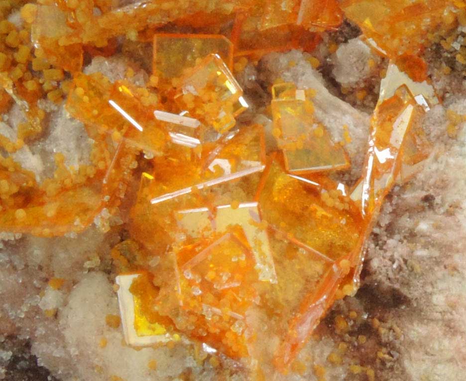 Wulfenite and Mimetite on Barite from Rowley Mine, 20 km northwest of Theba, Painted Rock Mountains, Maricopa County, Arizona