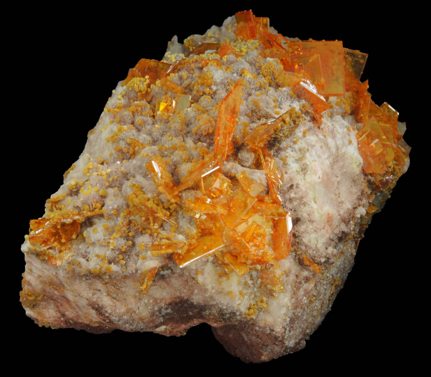Wulfenite and Mimetite on Barite from Rowley Mine, 20 km northwest of Theba, Painted Rock Mountains, Maricopa County, Arizona