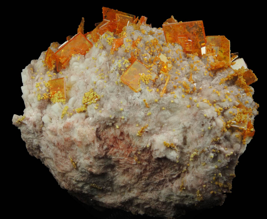 Wulfenite and Mimetite on Barite from Rowley Mine, 20 km northwest of Theba, Painted Rock Mountains, Maricopa County, Arizona