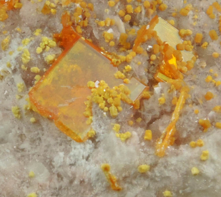 Wulfenite and Mimetite on Barite from Rowley Mine, 20 km northwest of Theba, Painted Rock Mountains, Maricopa County, Arizona