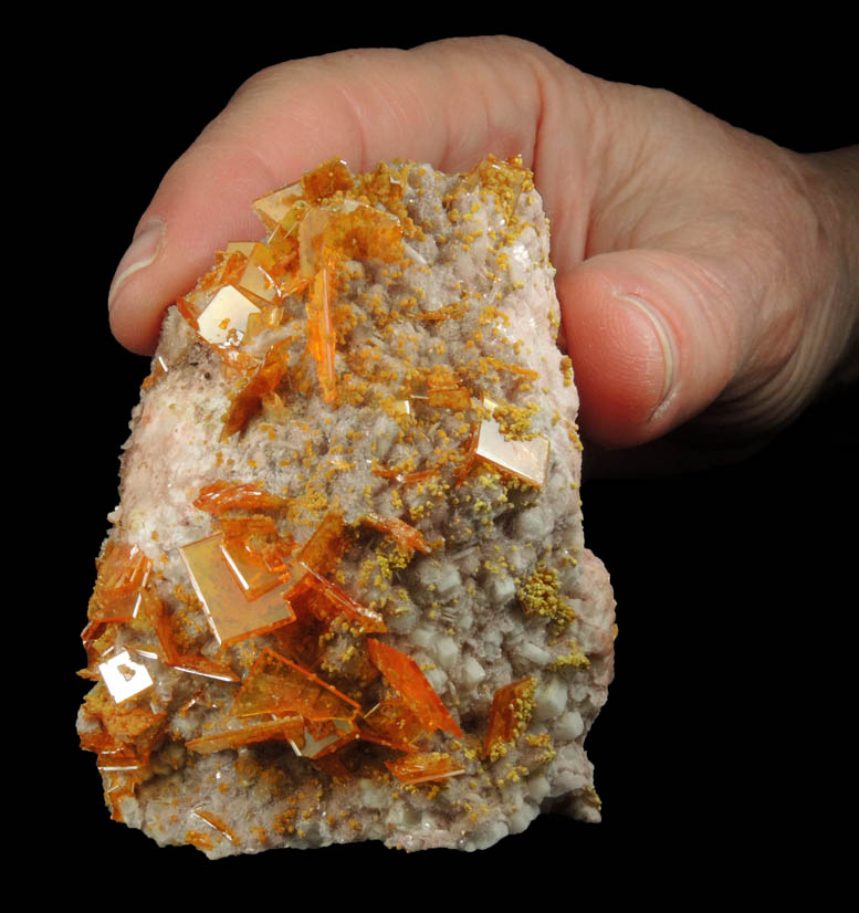 Wulfenite and Mimetite on Barite from Rowley Mine, 20 km northwest of Theba, Painted Rock Mountains, Maricopa County, Arizona