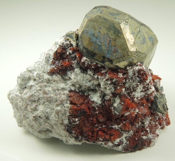 Pyrite with partial Chalcocite coating on Hematite-coated Quartz from Milpillas Mine, Cuitaca, Sonora, Mexico