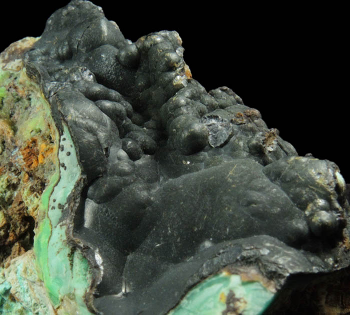 Mottramite on Phosphohedyphane, Chrysocolla, Goethite from Cove Vein, Whytes Cleuch, Wanlockhead, Dumfriesshire, Scotland