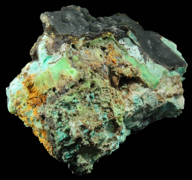 Mottramite on Phosphohedyphane, Chrysocolla, Goethite from Cove Vein, Whytes Cleuch, Wanlockhead, Dumfriesshire, Scotland
