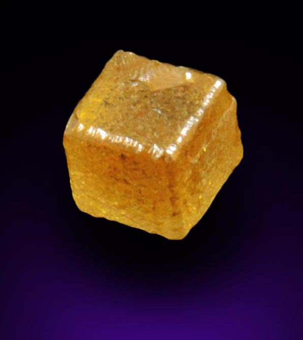 Diamond (0.66 carat uncut fancy-intense yellow cubic uncut rough diamond) from Mbuji-Mayi, 300 km east of Tshikapa, Democratic Republic of the Congo