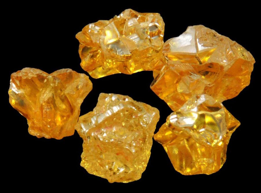 Diamond (five uncut fancy-yellow cavernous uncut rough diamonds totaling 2.93 carats) from Mbuji-Mayi, 300 km east of Tshikapa, Democratic Republic of the Congo