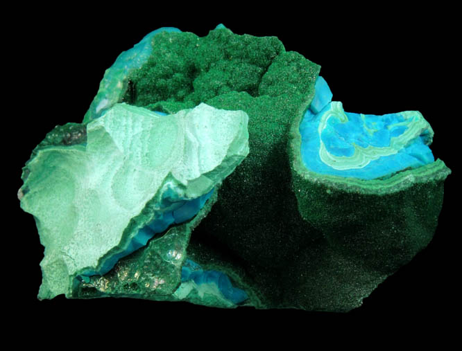 Malachite on Chrysocolla from Kolwezi Mining District, 240 km WNW of Lubumbashi, Katanga Copperbelt, Lualaba Province, Democratic Republic of the Congo