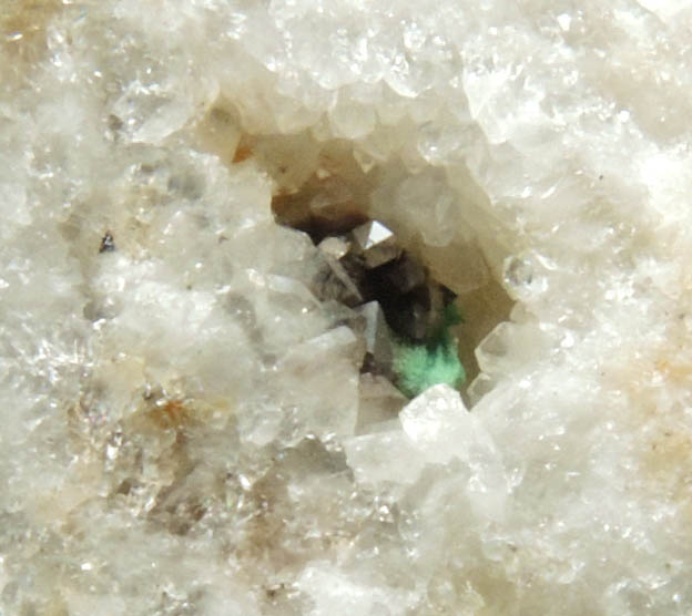 Malachite on Quartz from Manhan Lead Mines, Loudville District, 3 km northwest of Easthampton, Hampshire County, Massachusetts