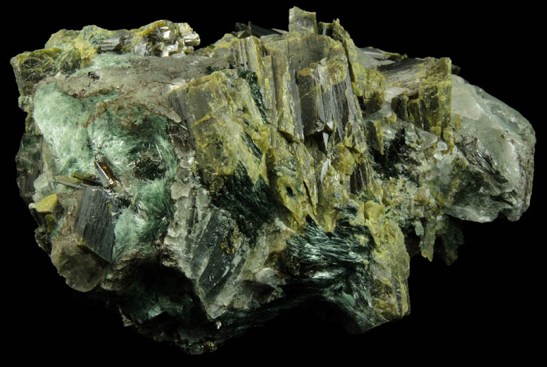 Epidote and Actinolite var. Byssolite in Calcite from Knappenwand, Untersulzbachtal, near Salzburg, Austria