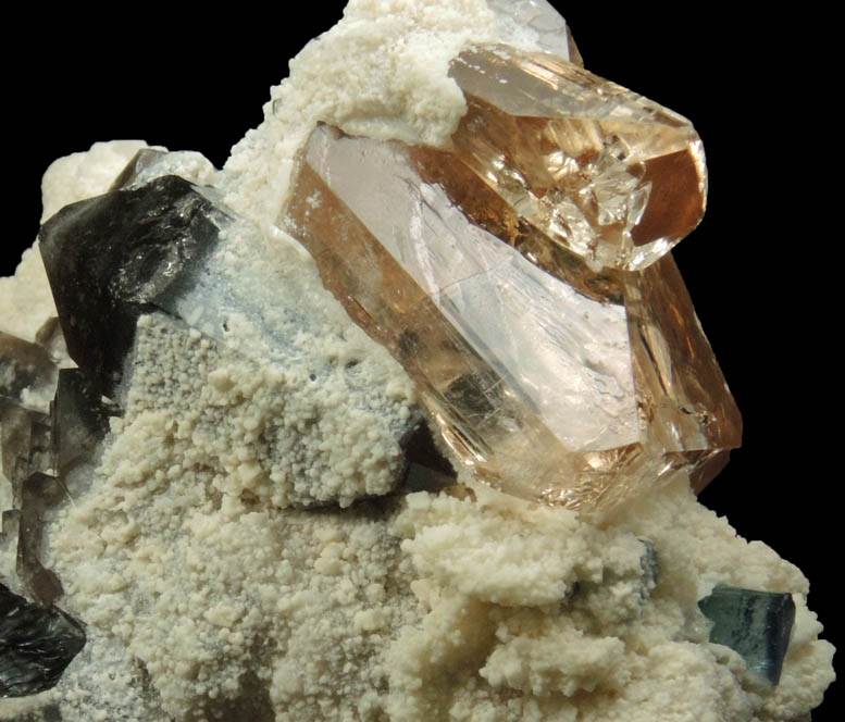 Topaz, Elbaite Tourmaline and Smoky Quartz in Albite from Skardu District, Baltistan, Gilgit-Baltistan, Pakistan