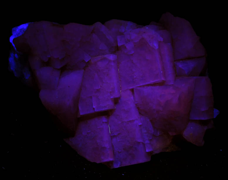 Photo below under longwave ultraviolet illumination of Fluorite from Hilton Mine, Scordale, 4 km NE of Hilton, Cumbria, England Fluorite from Hilton Mine, Scordale, 4 km NE of Hilton, Cumbria, England