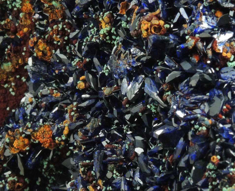 Azurite with Malachite pseudomorphs after Cuprite over Limonite from Copper Queen Mine, Bisbee, Warren District, Cochise County, Arizona