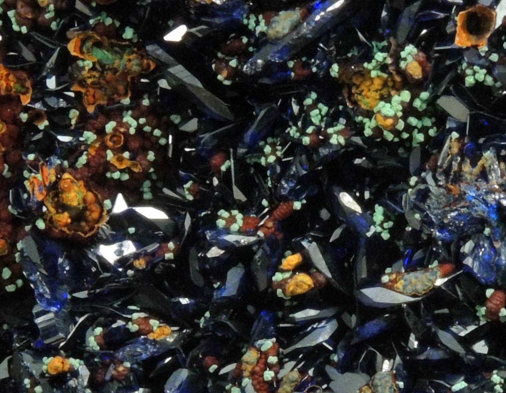 Azurite with Malachite pseudomorphs after Cuprite over Limonite from Copper Queen Mine, Bisbee, Warren District, Cochise County, Arizona