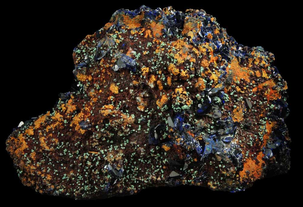 Azurite with Malachite pseudomorphs after Cuprite over Limonite from Copper Queen Mine, Bisbee, Warren District, Cochise County, Arizona