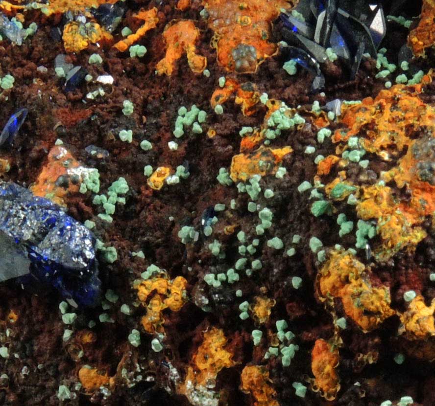 Azurite with Malachite pseudomorphs after Cuprite over Limonite from Copper Queen Mine, Bisbee, Warren District, Cochise County, Arizona