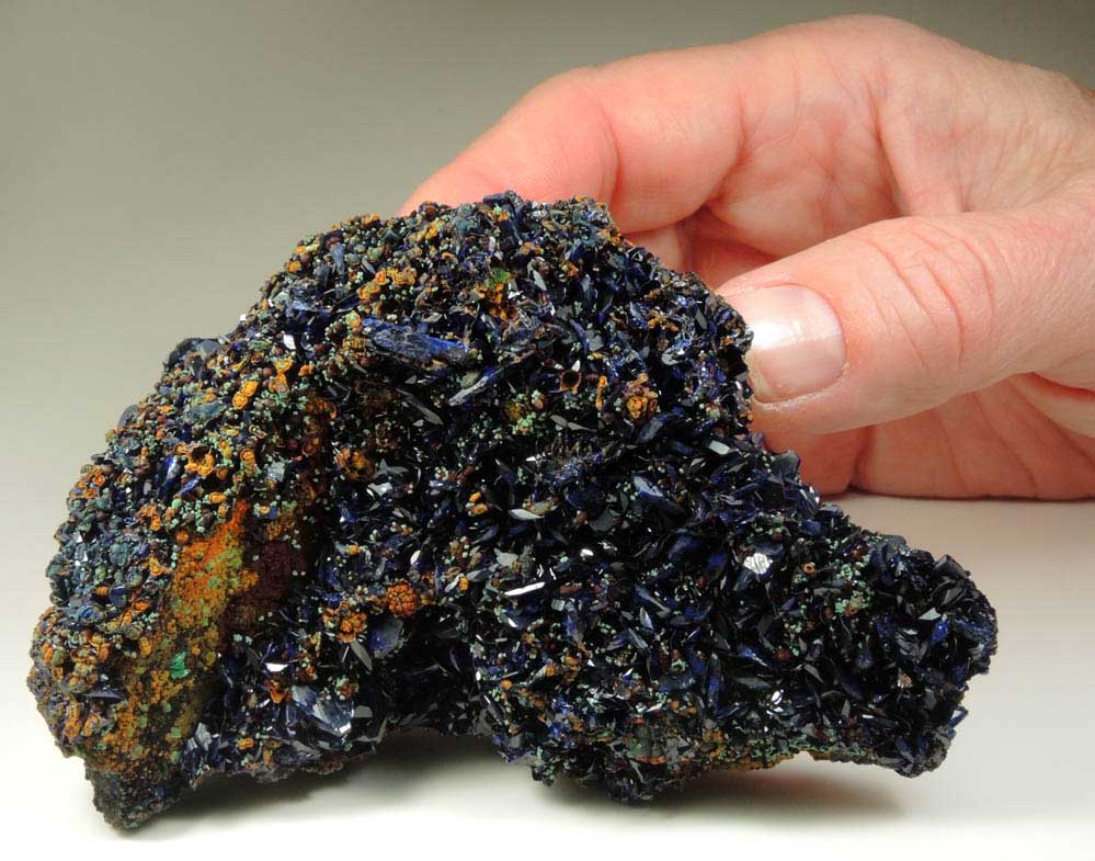 Azurite with Malachite pseudomorphs after Cuprite over Limonite from Copper Queen Mine, Bisbee, Warren District, Cochise County, Arizona