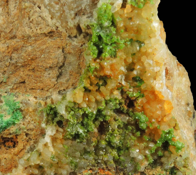 Pyromorphite on Quartz from Wheatley Mine, Phoenixville District, Chester County, Pennsylvania