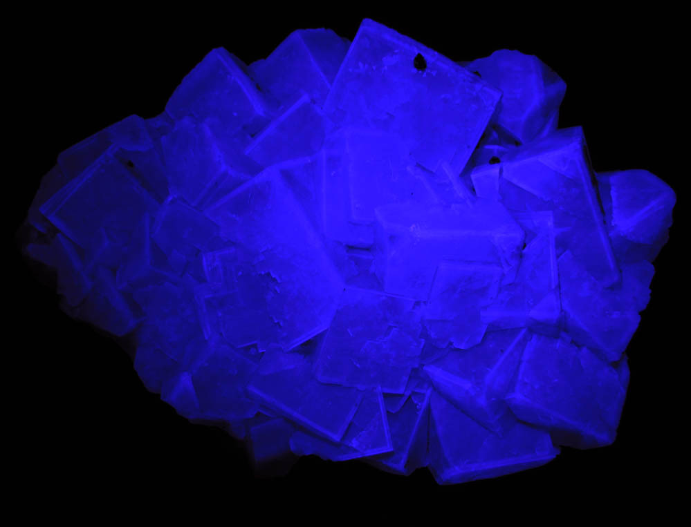 Photo below under longwave ultraviolet illumination of Fluorite with minor Sphalerite from Weardale District (probably West Pastures Mine), County Durham, England Fluorite with minor Sphalerite from Weardale District (probably West Pastures Mine), County Durham, England