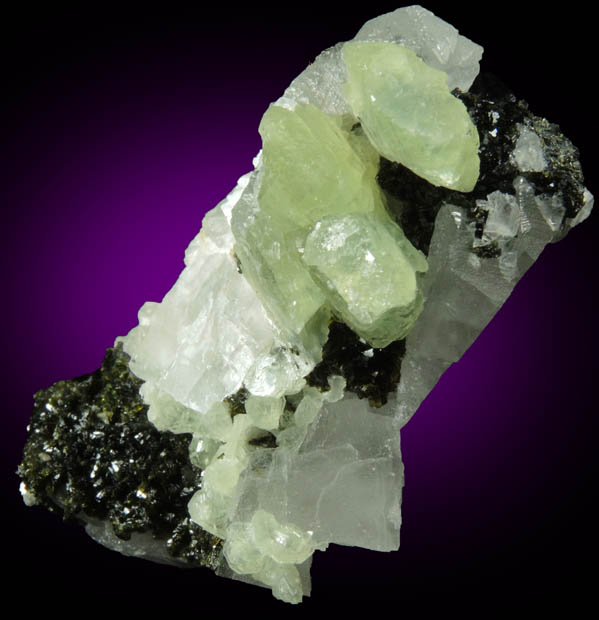 Babingtonite with Prehnite on Calcite from Lane's Quarry, Westfield, Hampden County, Massachusetts