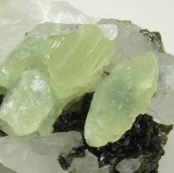 Babingtonite with Prehnite on Calcite from Lane's Quarry, Westfield, Hampden County, Massachusetts