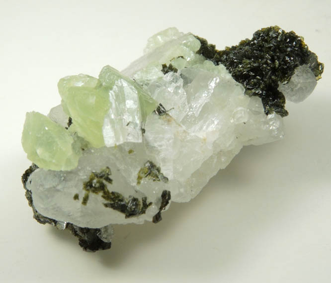 Babingtonite with Prehnite on Calcite from Lane's Quarry, Westfield, Hampden County, Massachusetts