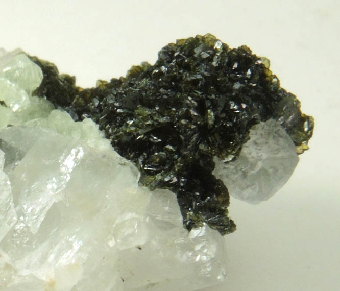 Babingtonite with Prehnite on Calcite from Lane's Quarry, Westfield, Hampden County, Massachusetts