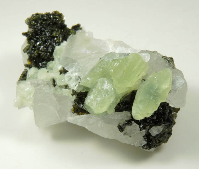 Babingtonite with Prehnite on Calcite from Lane's Quarry, Westfield, Hampden County, Massachusetts