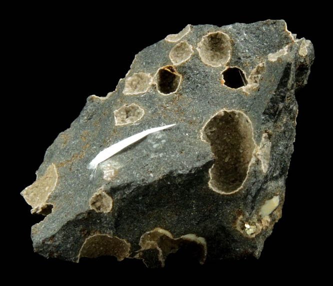 Pyrite (rare filiform crystals) on Heulandite from Milepost 41, Oregon Route 224, near Estacada, Clackamas County, Oregon