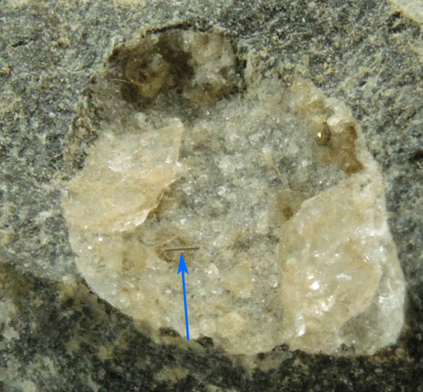 Pyrite (rare filiform crystals) with Harmotome from County Road 21 road cut, 9 km south Sugar Grove, Pendleton County, West Virginia