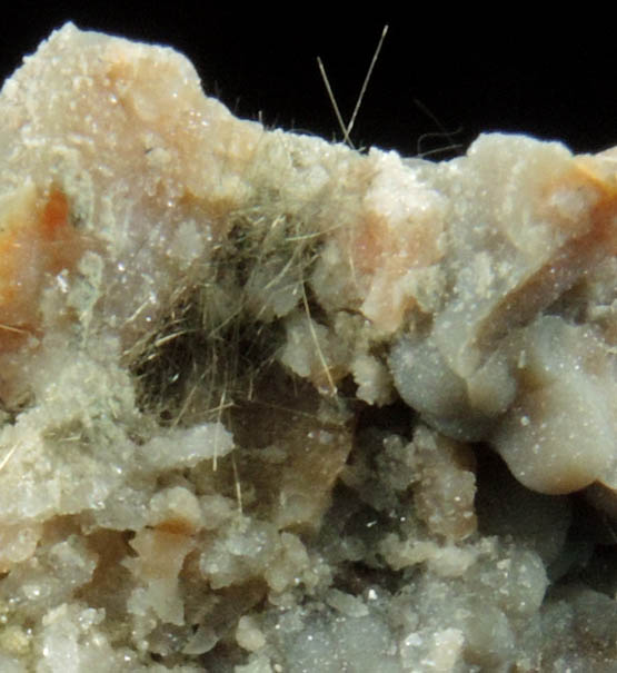 Millerite on Quartz from US Route 27 road cut, Halls Gap, Lincoln County, Kentucky