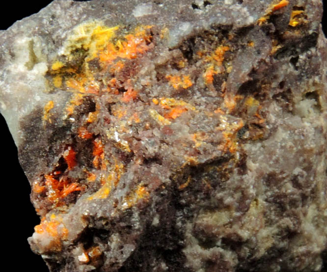 Mimetite, Descloizite, Cerussite, Wulfenite from Rowley Mine, 20 km northwest of Theba, Painted Rock Mountains, Maricopa County, Arizona