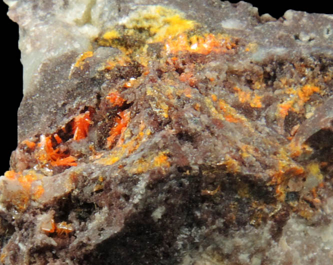 Mimetite, Descloizite, Cerussite, Wulfenite from Rowley Mine, 20 km northwest of Theba, Painted Rock Mountains, Maricopa County, Arizona