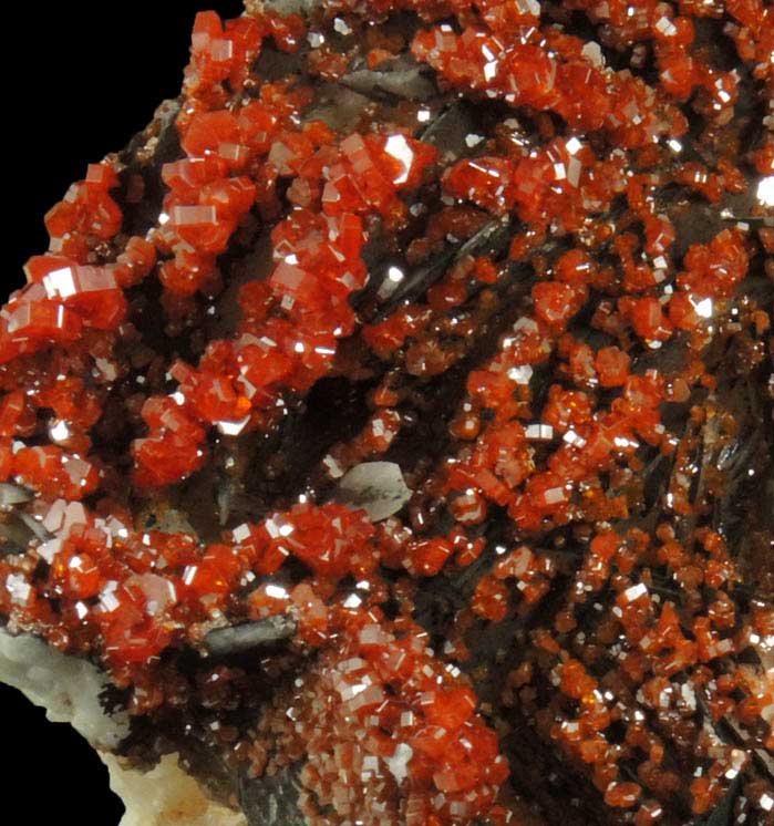 Vanadinite on Barite with manganese-oxides from Mibladen, Haute Moulouya Basin, Zeida-Aouli-Mibladen belt, Midelt Province, Morocco