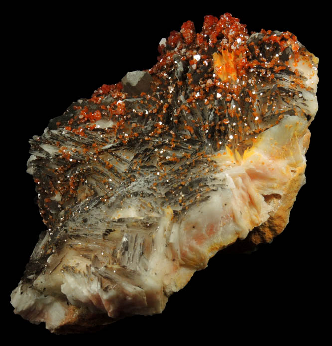 Vanadinite on Barite with manganese-oxides from Mibladen, Haute Moulouya Basin, Zeida-Aouli-Mibladen belt, Midelt Province, Morocco